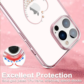 Луксозен твърд гръб оригинален KINGXBAR кристално прозрачен с камъни за Apple iPhone 13 Pro Max 6.7 сърце със златисто розов кант  